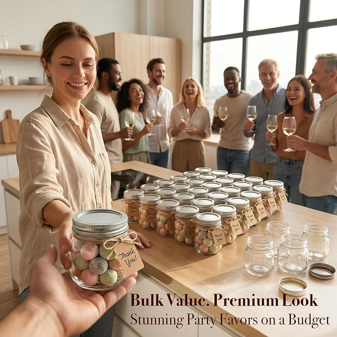 8 oz Mason Jars with Airtight Silver Lids - 30 Pack Small Glass Jars Set with Labels, Twine & Mesh Bags - Wide Mouth Canning Jars for Party Favors, Baby Shower, Wedding & Bulk Crafts
