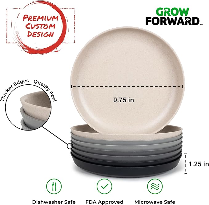 Grow Forward Premium Wheat Straw Plates - 10 Inch Reusable Hard Plastic Dinner Plates Set of 8 - Unbreakable Microwave Safe Plates for Dessert, Camping, RV, Outdoors, Patio, Kitchen Dishes - Moonlight