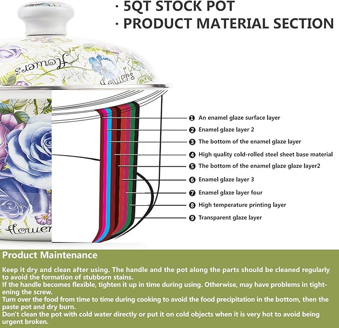 Retro Flower Enamel Stockpot with Lid,Stockpots for Cooking,Retro Classic Design(5L-Blue Rose)