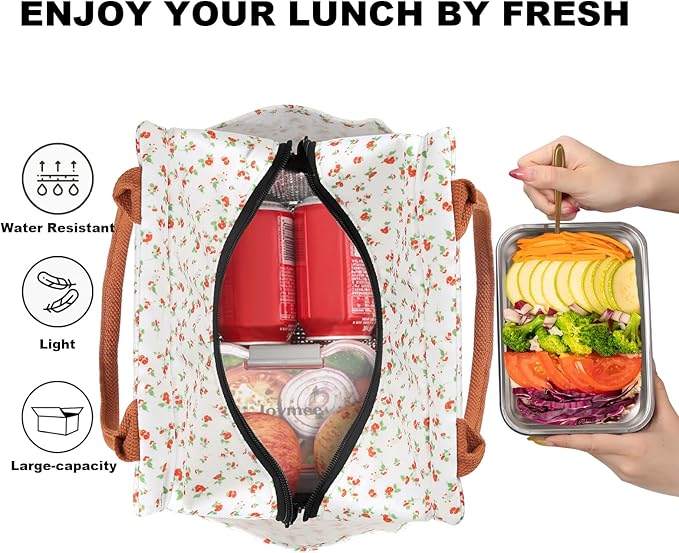 Joymee Lunch Bag Women Insulated Lunch Box Reusable Leakproof Large Spacious Cooler Tote for Women Men Adult with Bottle Holder and Side Pockets for Work Office Travel Picnic -Red Floral