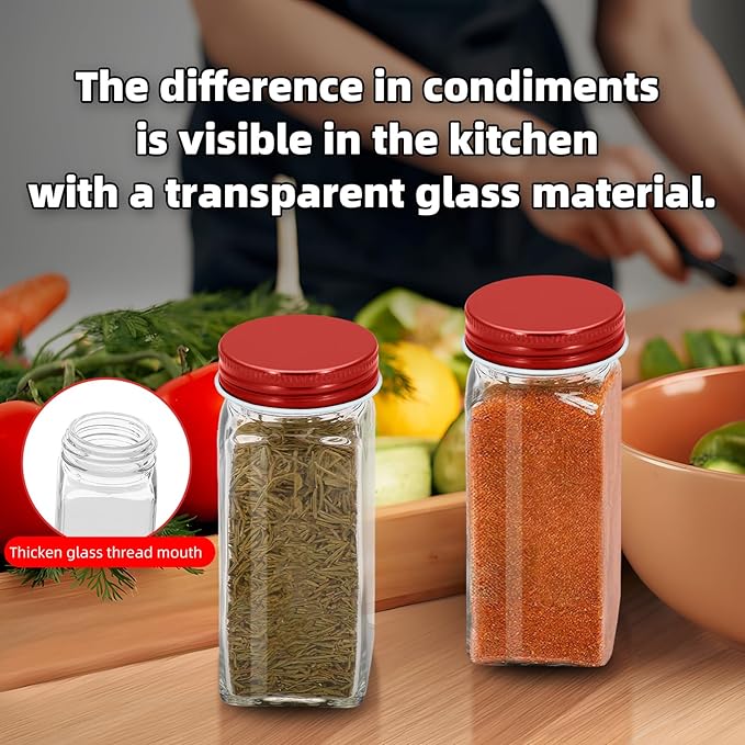 2Pcs 4oz Glass Spice Jars with Shaker Lids, Spice Jars Trial Set & Supplement Set, Empty Spice Containers and Square Spice Bottles for Kitchen (Red iron Lids)