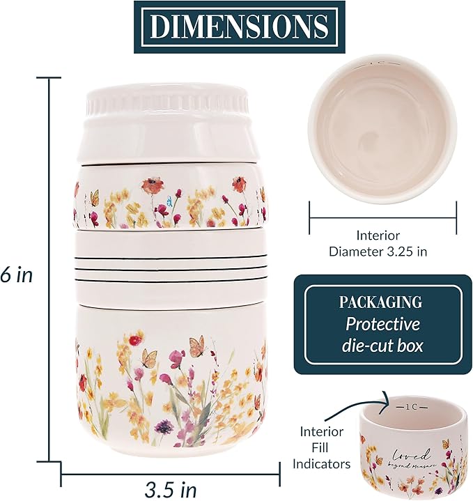 Pavilion Gift Company - Loved Beyond Measure - 6-inch Stackable Ceramic Kitchen Measuring Cup - ¼, ⅓, ½, 1 Cup, Rustic, Antique, Farmhouse Design For Kitchen, Mason Jar Measuring Cup, 1 Count, Cream