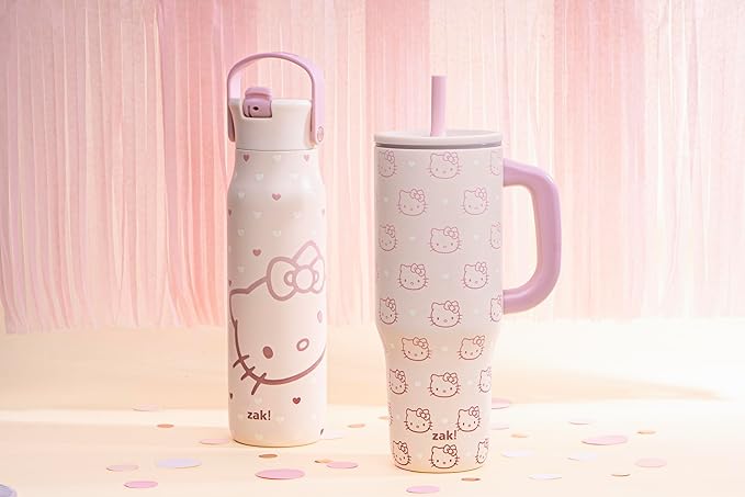 Zak Designs Sanrio Sutton Travel Tumbler for On the Go or At Home, 40oz Stainless Steel with Vacuum Insulation, Silicone Straw, and Carry Handle for Cold Drinks (Hello Kitty)