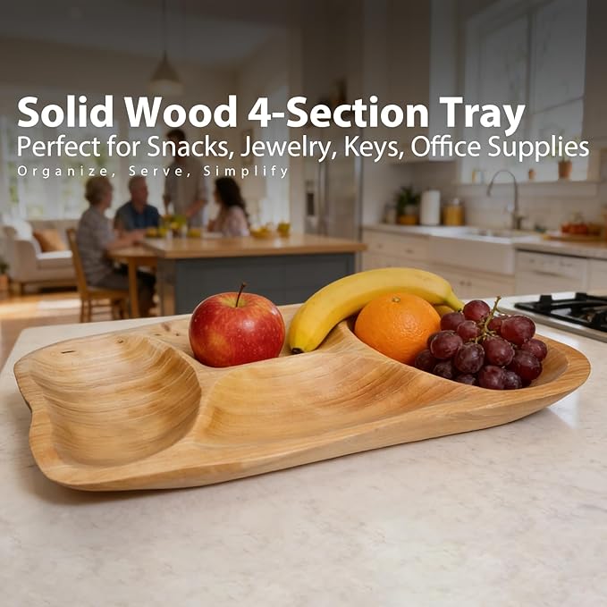 Natural Wood 4-Compartment Divided Fruit Tray, Live Edge Handmade Serving Platter for Snacks, Sandwiches, Appetizers, Unique Hand-Carved Rustic Design