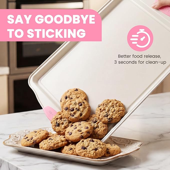 Kikcoin 22 PCS Nonstick Baking Pans Set, Stackable Bakeware Sets with Silicone Handles, 450°F Oven Safe Baking Sheet Set, Easy Release Cookie Sheets for Baking, Pink