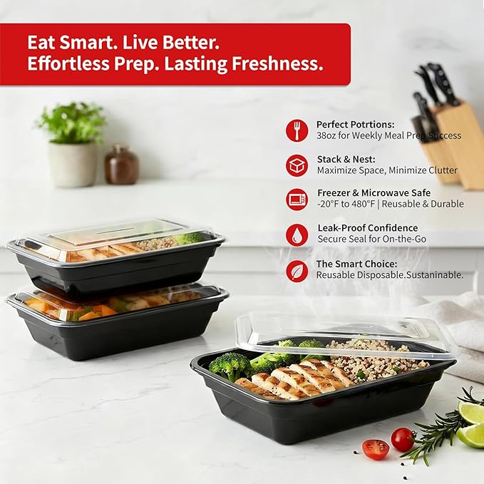 60 Pack 38 oz Meal Prep Containers Reusable, Plastic Food Storage Container with Lids,Leakproof To Go Lunch Boxes, BPA-Free,Freezer, Microwave, Dishwasher Safe Take Out Containers