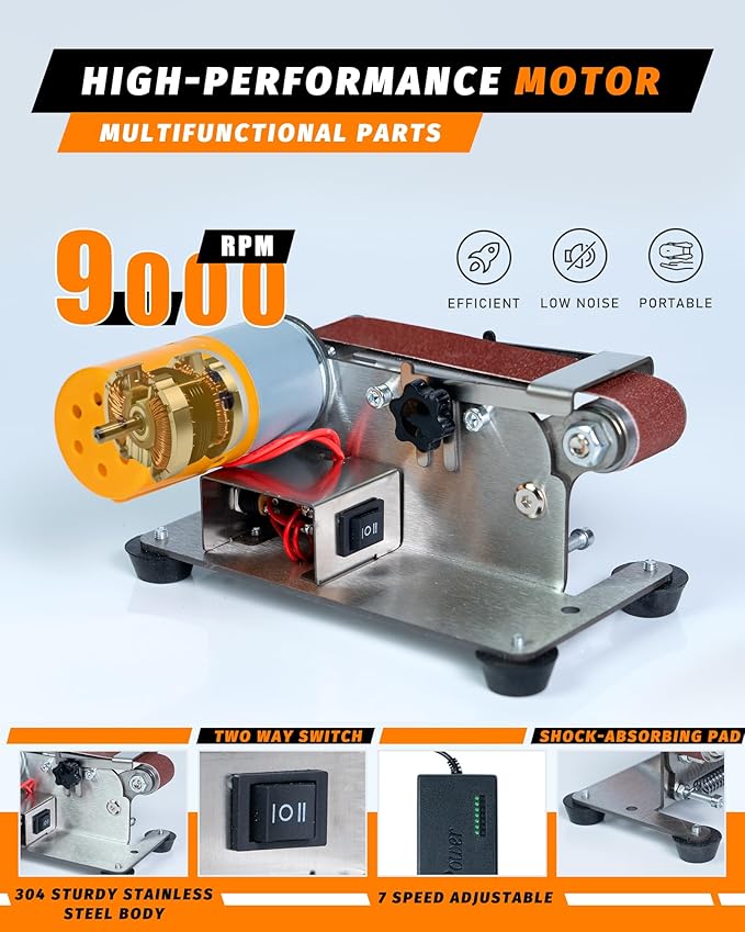 Mini Belt Sander, Electric Small Sander Knife Making Supplies, 7 Adjustable Speed Electric Knife Sharpener, Power Belt Grinder for Woodworking, Metal Working DIY (6.5'' x 6.5'' x 4.2'')