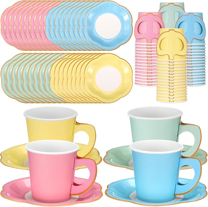 Umigy 60 Sets Pastel Tea Party Decorations 6.5 oz Paper Teacups & Saucer Set for Girls Women Afternoon Tea Parties Mothers Day Bridal Shower Wedding Birthday Party Decorations(Pastel)