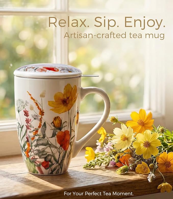 AmorArc Porcelain Tea Mug with Infuser and Lid – 18oz Loose Leaf Tea Cup with Handle, Gift for Tea Lovers (Men & Women)