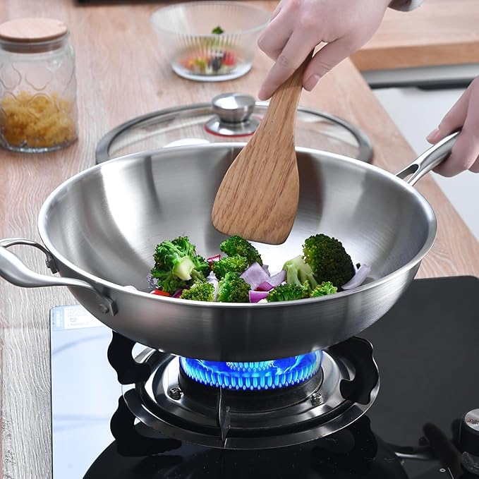 LOLYKITCH 14.5 Inch Stir-Frying Wok Pan, Tri-Ply Stainless Steel Induction Cooking Wok Pan,Dishwasher and Oven Safe,Heavy Duty and Detachable Handle.