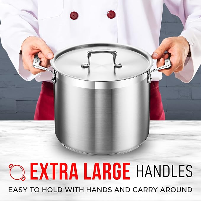 Stainless Steel Stockpot with Lid 12 Quart, Durable 18/8 Stainless Steel, Impact-Bonded Base for Even Heating, Riveted Handles, Oven & All Stove Compatible, Safe Up To 500°F (260°C)