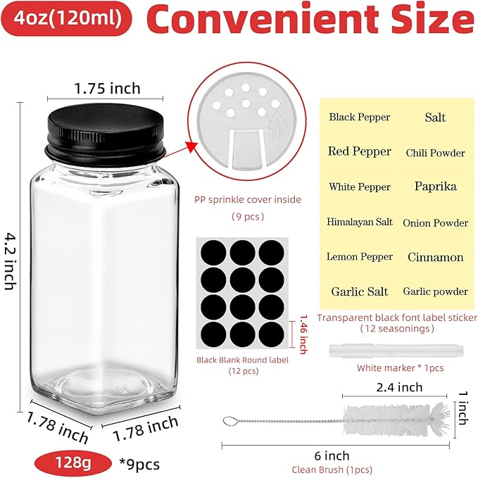 9Pcs 4 oz Square Glass Spice Jars with Label, Empty Containers with black iron Lids, Square Seasoning Containers Trial and Supplement Set, Small Seasoning Bottles for Salt, Herbs, Sugar, Pepper (9)