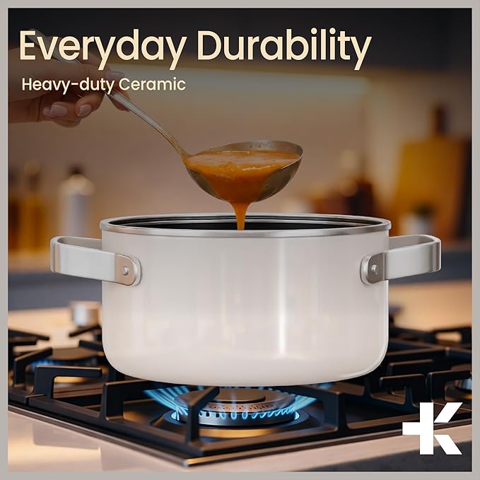 Bakken 3 Quart Ceramic Coated Stock Pot with Lid, Easy to Clean Nonstick Pot, Tempered Glass Lid, Riveted Stainless Steel Handles, Oven Safe Up To 500°F, PTFE & PFAS Free, All Stove Compatible, Cream