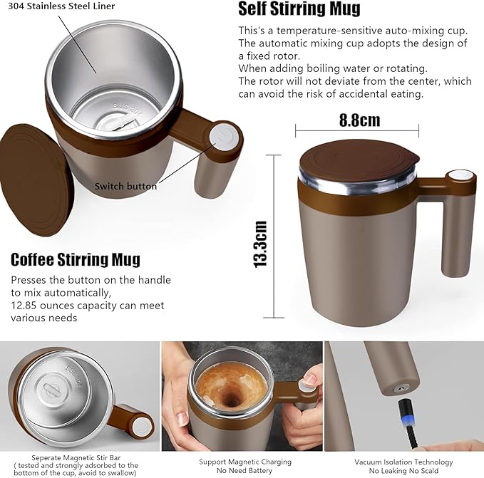 Self Stirring Mug,Rechargeable Auto Magnetic Coffee Mug with 2Pc Stir Bar,Waterproof Automatic Mixing Cup for Milk/Cocoa at Office/Kitchen/Travel 14oz Best Gift - Brown
