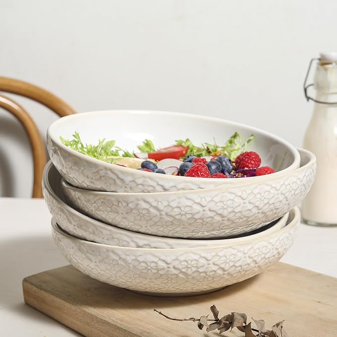 8" Ceramic Pasta Bowls, 22 Oz Serving Bowls Set of 4, Porcelain Shallow Soup Bowl, Embossed Serving Dishes for Pasta, Fruit, Salad, Housewarming Gift, Dishwasher Safe