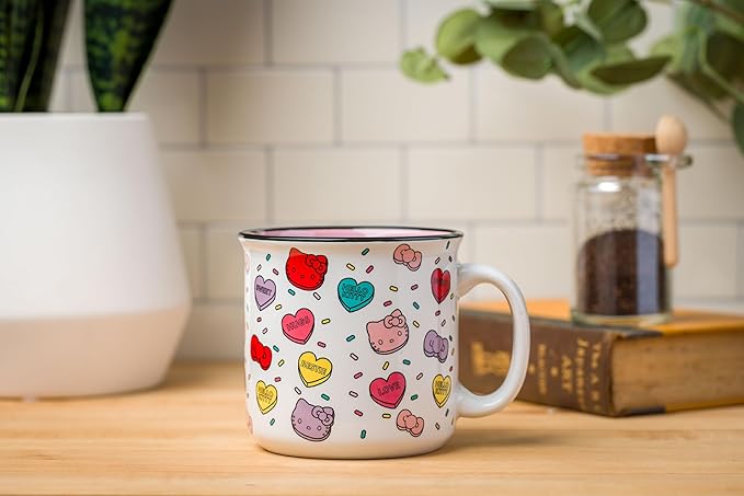 Silver Buffalo Sanrio Hello Kitty Valentine Candy Hearts And Bows Love and Bestie Pattern Ceramic Camper Mug, 20 Ounces
