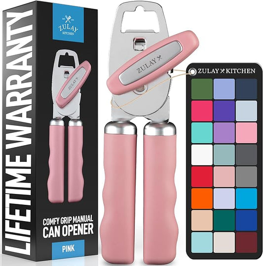 Zulay Kitchen Heavy Duty Stainless Steel Can Opener Manual with Bottle Opener - Rust Proof Manual Can Opener With Turn Knob & Comfy Soft Grip Handles - Pink