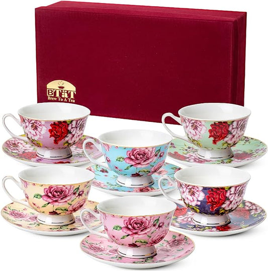 BTaT- Floral Tea Cups and Saucers with Gift Box, 8oz, Tea Cups Set of 6, Cup & Saucer Sets, Christmas Gifts
