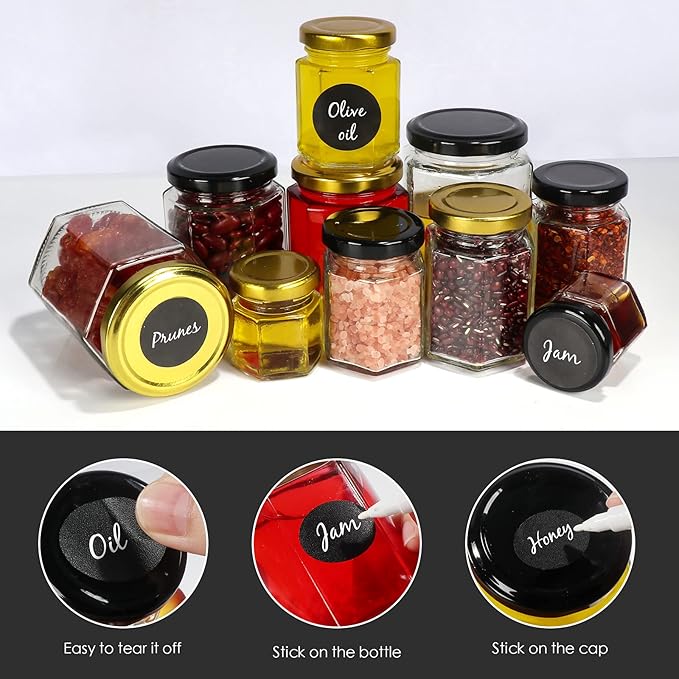 Betrome 6oz Hexagon Glass Jars, 30 Pack with Black Lids - 180ml Clear Glass Canning Jars for Honey, Spices, Jams, Shower Favors, Wedding Favors and Craft - Includes 1 Pen and Labels