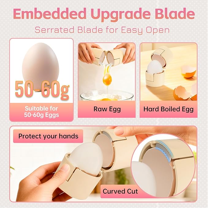 Upgraded 2 in 1 Egg Shell Opener, Hard Boiled Egg Peeler Cracker with Piercer, Cute Egg Separator for Raw Eggs, Home Kitchen Gadgets Tool, 1 Pack (Beige)
