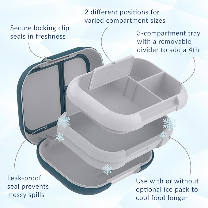 Bentgo Chill Max Leak-Proof XL Lunch Box - Included Ice Pack Keeps Food Cold; 5-Cup Capacity for Adults & Ages 8+, 3 or 4 Compartment Bento Box, BPA-Free, Dishwasher Safe (Fog & Deep Teal)