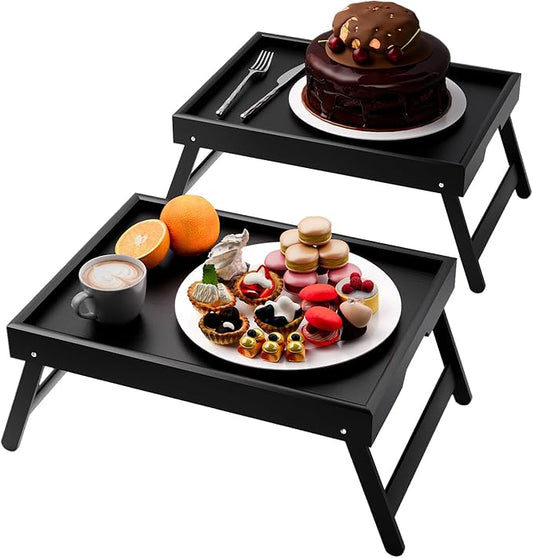 2 Pack Bamboo Bed Tray Table with Folding Legs,Breakfast Trays,Serving Tray for Food and Snack,Laptop Trays for Working(Black)