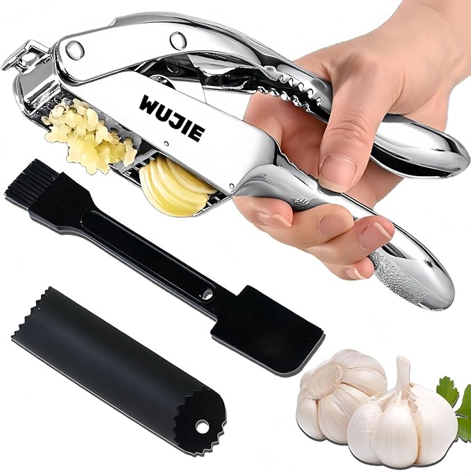 WUJIE Stainless Steel Garlic Press and Slicer - 2-in-1 Crusher and Mincer, Professional Kitchen Tool with Cleaning Brush for Garlic and Ginger