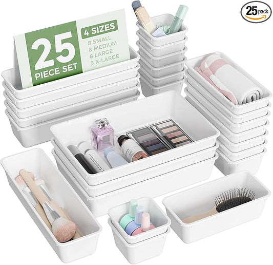 25 PCS Plastic Drawer Organizers Set, 4-Sizes Vanity and Makeup Organizer, Desk and bathroom Drawer Organizer Trays, Organizers and Storage for Makeup, Jewelry, Gadgets, Utensils (White)