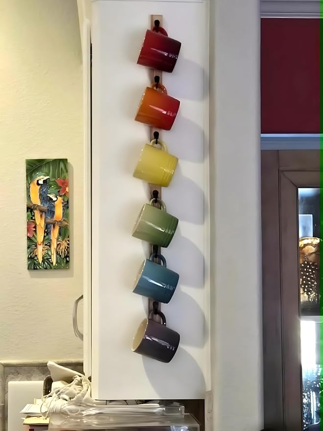 Wall-Mounted Coffee Mug Rack - 6-Hook Solid Wood Cup Holder for Kitchen Cabinet, Space-Saving Tea Bar Organizer with Rustic Decor (Vertical Rectangle Design)