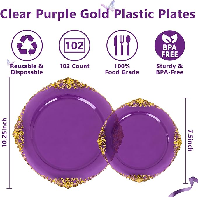 102PCS Purple and Gold Plastic Plates - High End Purple Disposable Plate Easter - Vintage Dinner & Dessert Plates for 51 Guests Birthday Easter Party Wedding