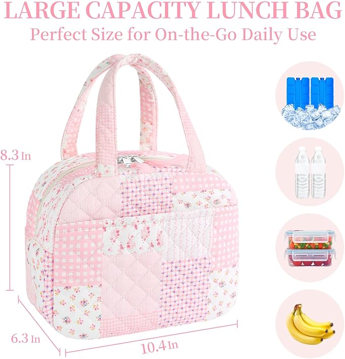 Quilted Lunch Box for Women,Coquette Aesthetic Lunch Box for Teen Girls,Cute Pink Patchwork Lunch Bags for Work, School,Office,Picnic,Travel (Pink Patchwork)