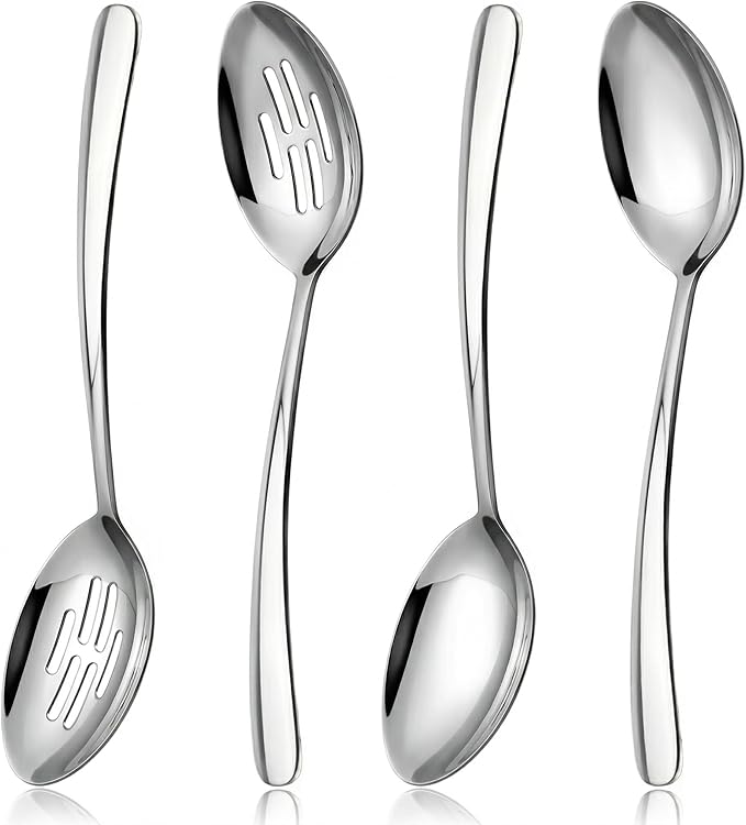 10.3-in Large Serving Spoons Set, 18/0 Stainless Steel, Heavy Duty, 2 Serving & 2 Slotted for Wedding Party Buffet Housewarming, Pack of 4