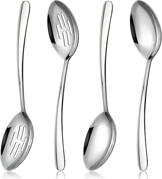 10.3-in Large Serving Spoons Set, 18/0 Stainless Steel, Heavy Duty, 2 Serving & 2 Slotted for Wedding Party Buffet Housewarming, Pack of 4