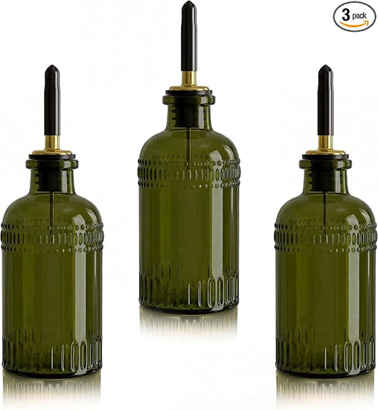 3 Pack Olive Oil Dispenser 7oz, Olive Green Glass Bottle with Metal Spout and Lid, Vinegar Cruet Kitchen Small Oil for Cooking, Salad, Baking (Elegant)