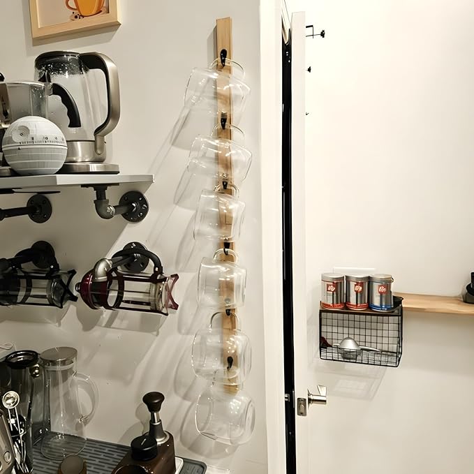 Wall-Mounted Coffee Mug Rack - 6-Hook Solid Wood Cup Holder for Kitchen Cabinet, Space-Saving Tea Bar Organizer with Rustic Decor (Vertical Rectangle Design)