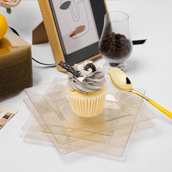 N9R 70 PCS Gold Glitter Plastic Plates, 6.5 Inch Gold Dessert Plates Disposable, Premiun Appetizer Square Plate for Party, Wedding and Birthday