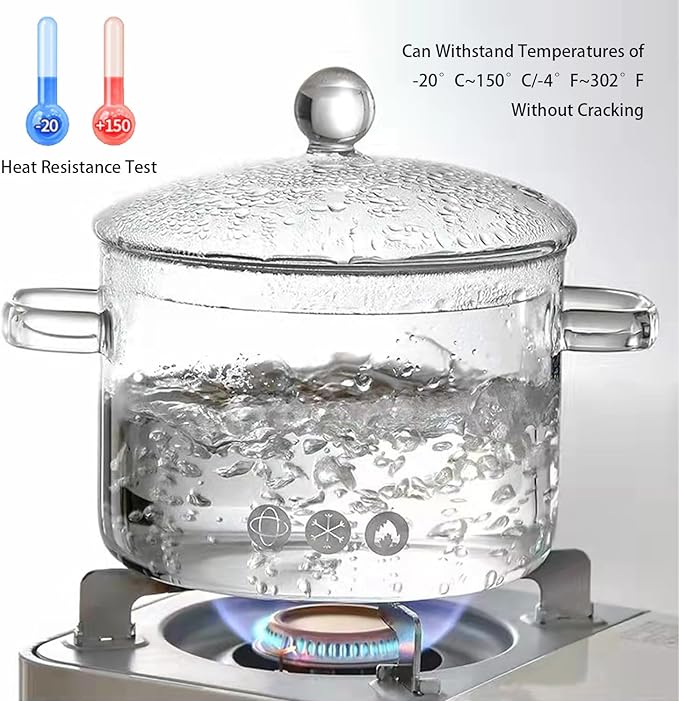 Clear Glass Pot, 1.9L, Cooking Pot with Lid and Handle, Clear Saucepan, Resistant Borosilicate Pot, Glass Saucepan for Cooking On Stove - Ideal for 1-2 People (64oz)