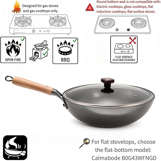 12" Pre-Seasoned Round Bottom Carbon Steel Wok with Lid - Hand-Forged Commercial Grade Chinese Wok for Open-Flame Gas Stovetops - Fast Even Heating, Ready-to-Use Toxin-Free Cooking, Easy Maintenance
