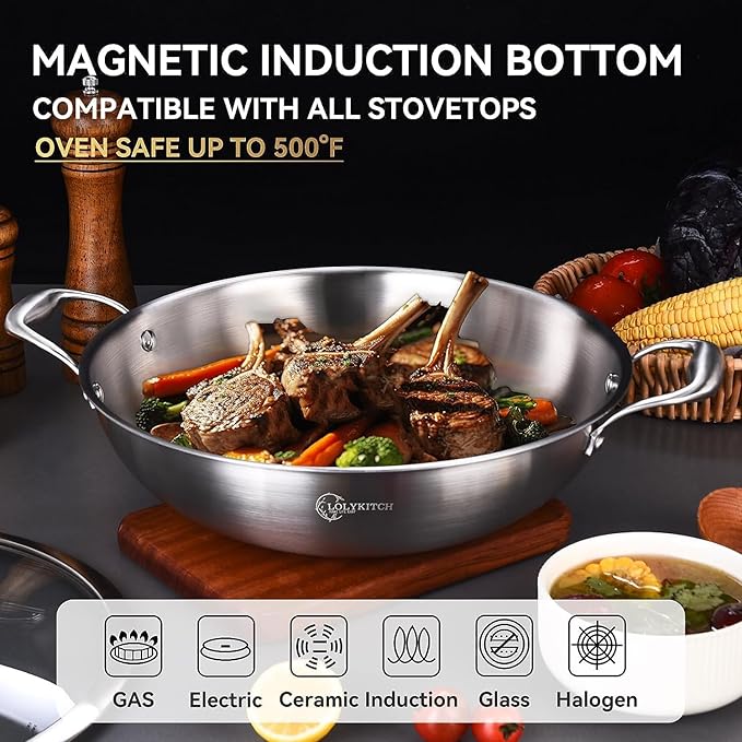 LOLYKITCH 10 Inch Tri-Ply Stainless Steel Wok Pan with Lid,2.5 QT Induction Cooking Pot,Dishwasher and Oven Safe