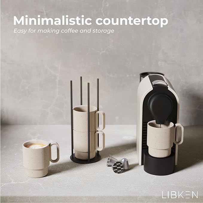 Stackable Coffee Mug Set with Black Stand - 4x8oz Ceramic Mugs with Unique Sprinkled Optics - Powder Coated Metal Rack - Dishwasher-Safe - Microwave & Oven - Scandinavian Minimal Design