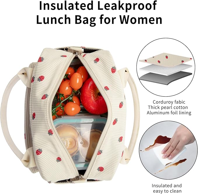 Lunch Box for Women Insulated Lunch Bag Women Adult Cute Lunch Bags Reusable Lunchbox Cooler Tote Bag for Work Picnic (Beige-Strawberry)