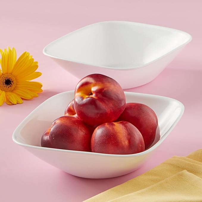 Corelle Vitrelle 2-PC Large 1-Qt Glass Serving Bowl, Crack and Chip Resistant, Square Serving Trays, White