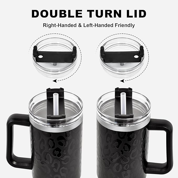 40 oz Tumbler with Handle and Straw, 100% Leak-Proof Travel Mug, Stainless Steel Double Wall Vacuum Insulated Coffee Cup Keeps Cold For 34 Hours, Full Black Leopard