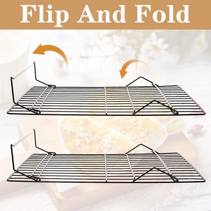 meekoo 2 Pack 4 Tier Cooling Rack Stackable Collapsible Folding Legs Stainless Steel Wire Rack for Baking Cooking Drying Roasting Cookies Bread Meat Oven Use, 16 x 10 Inch