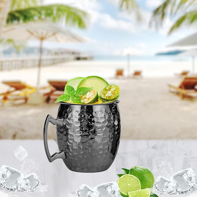 Moscow Mule Mugs, 16 OZ Black Hammered Mule Cup with 304 Stainless Steel Lining and Brass Handle, for Cold Drinks, Beer, Wine, Bars, Parties