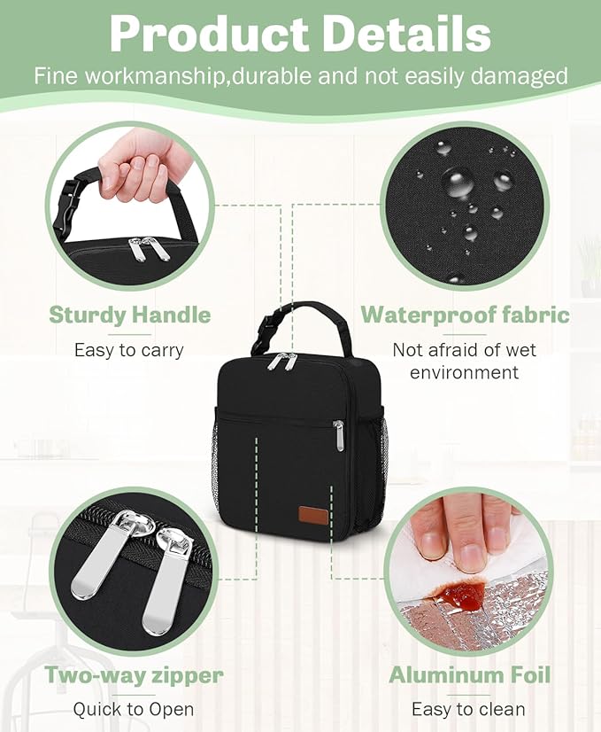 Small Lunch Box Insulated Lunch Bag for Men Women Kids, Reusable Lunch Bags Portable Small Lunch boxes Cooler Bag for School/Work/Picnic, Black 12-Can(6.5L)