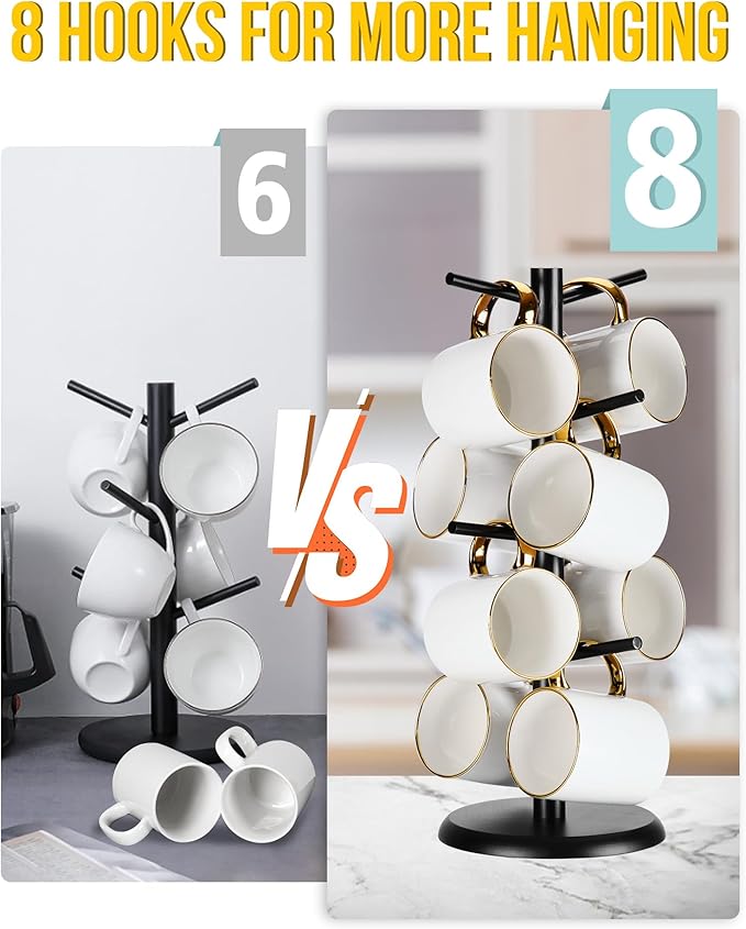 Lorbro Coffee Mug Tree with 8 Hooks, Mug Tree Stand, Wooden Coffee Cup Holder, Countertop Mug Tree, Mug Stand Kitchen Organizer, Cafe Accessories Decor & Kitchen Organizer Storage Stand (Black)