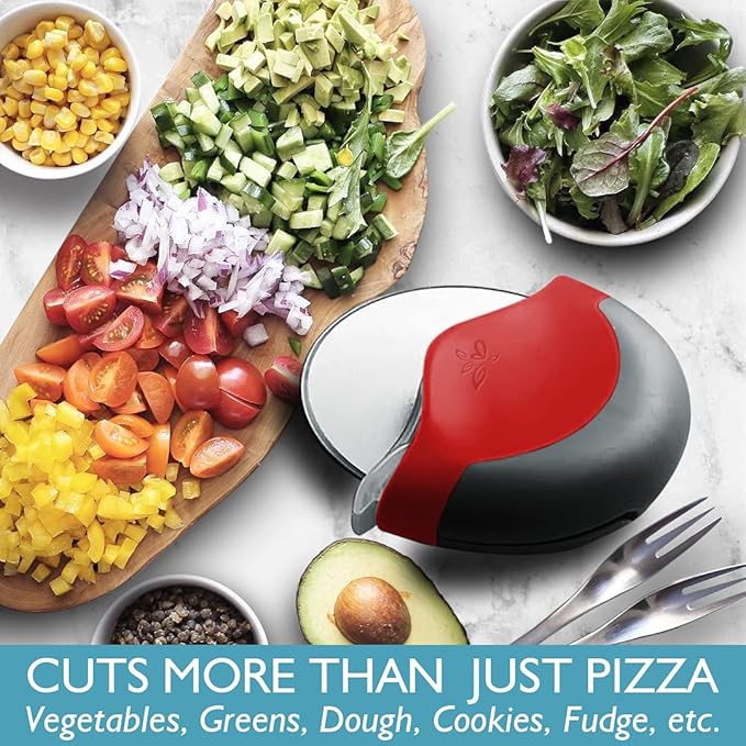 Red Pizza Cutter Wheel with Protective Blade Cover, improved, Super Sharp, Easy To Use and Clean, Slicer, Ergonomic Rubberized Grip, heavy dutty, Stainless Steel, Dishwater Safe