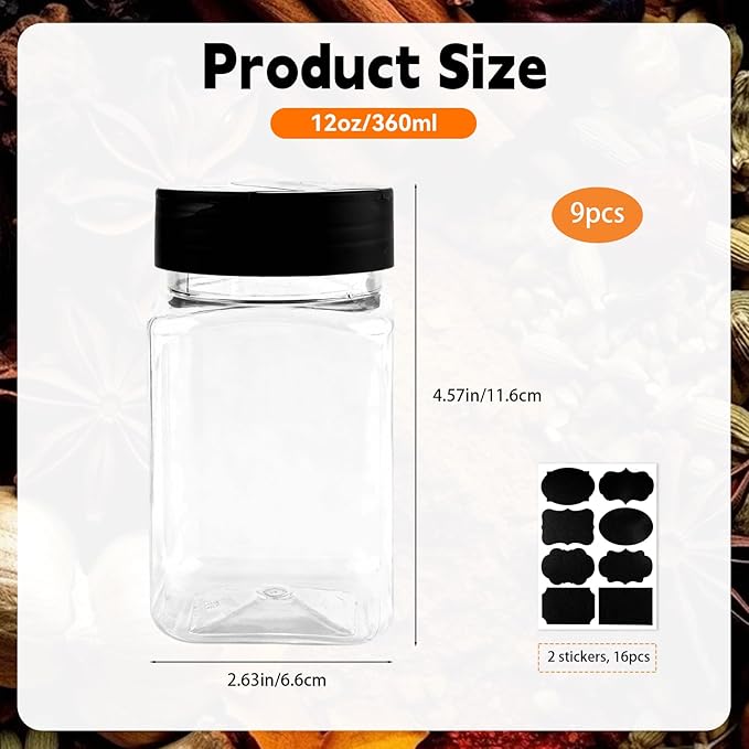 9 Pcs 12 oz Plastic Spice Jars with Black Cap,Square Plastic Bottle Containers with Lid and Stickers,Protable Empty Seasoning Bottles Clear Spice Shaker for Storage Spices,Coffee, Tea, Herbs