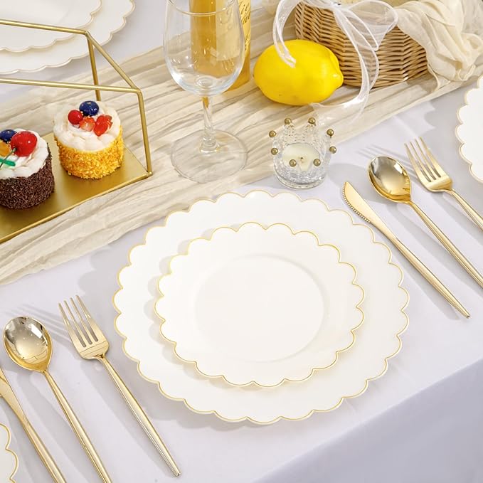 LIYH 120 Pcs Ivory Scalloped Plastic Plates Disposable - Ivory and Gold Plastic Plates - Gold Fancy Disposable Party Dinner & Dessert Plate for Wedding Birthday Easter Day